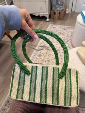 Anthropologie Beaded Green & Cream Striped Handbag - Women